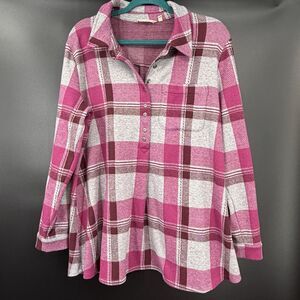 Soft Surroundings Mad About Plaid Tunic Shirt Womens XS Pink Lumberjack Rustic